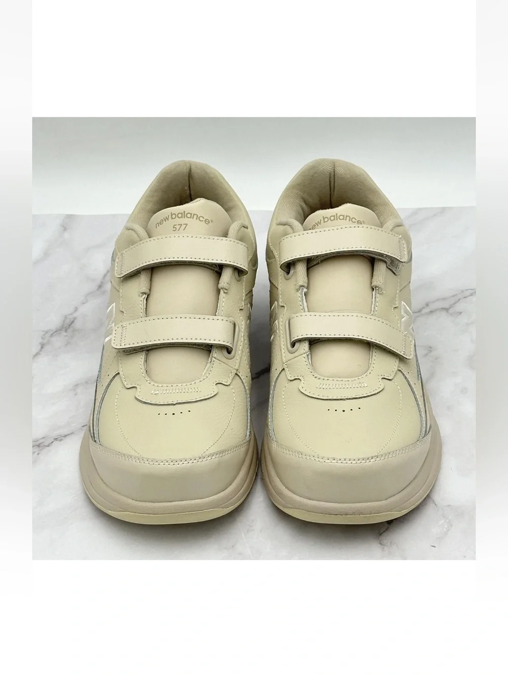 New Balance 577 Walking Shoes Mens 12 D Wide Beige Leather Hook Loop MW577VB